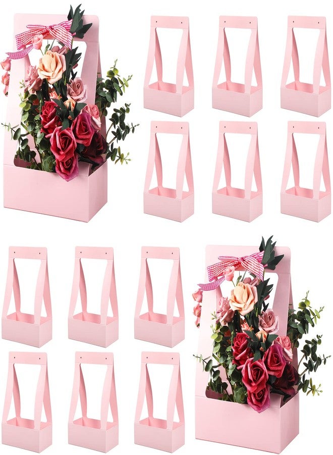 Teling 12 Pcs Valentine's Day Flower Boxes for Arrangements Pink Flower Bags for Bouquets Paper Floral Gift Bag Portable Waterproof Floral Box with Handle for Wedding Party Florist Supplies (Pink) - Image 1